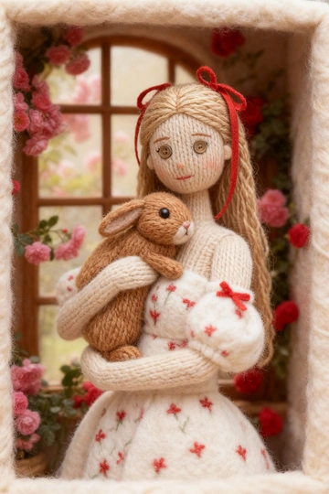 Используя загруженное изображение в качестве основы, создайте произведение искусства из ниток своими руками — диораму из пряжи и фетра. Макросъёмка, мягкий рассеянный свет, пастельная палитра, высокая детализация волокон и стежков, уютная, сказочная атмосфера и слегка уменьшенный масштаб, как в диораме. Если на фото изображены люди - изобрази их в стиле вязаных человечков с глазами-пуговицами.