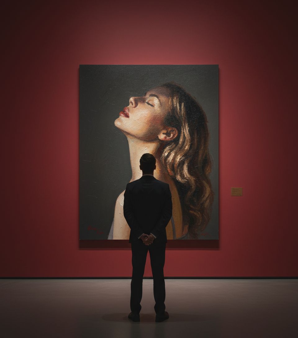 Создай сцену в галерее современного искусства, используй прилагаемое изображение лица и внешности человека, не меняя черты лица. На стене висит большой портрет человека маслом. Её лицо и верхняя часть тела написано в реалистичной, экспрессивной манере масленной живописи с текстурированными мазками и приглушенными цветами. Чистая красная стена галереи создаёт профессиональную атмосферу выставки благодаря мягкому освещению, освещающей произведения искусства. Перед картиной с видом сзади, стоит мужчина рассматривая картину, что придаёт сцену кинематографическое и таинственное настроение.