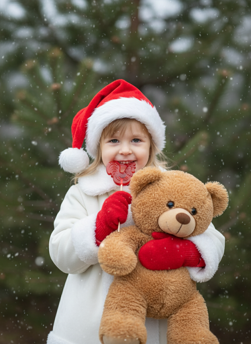 Создайте портрет улыбающегося ребенка в 8K-качестве, в длинной шапке Санты Клауса, красных варежках и в белом зимнем пальто или куртка с отделкой и подкладкой из белого меха или шерпы на воротнике, манжетах и ​​спереди поверх. Ребенок обнимает большого плюшевого мишку и кушает леденец Петушок на палочке. Размытые деревья (ели) на заднем плане создают мягкую глубину. Это идиллическая и праздничная зимняя фотография с мягким падающим снегом. Bзображение передаёт нежное, игривое и немного волшебное ощущение. Сохраните черты лица человека на представленном фото.