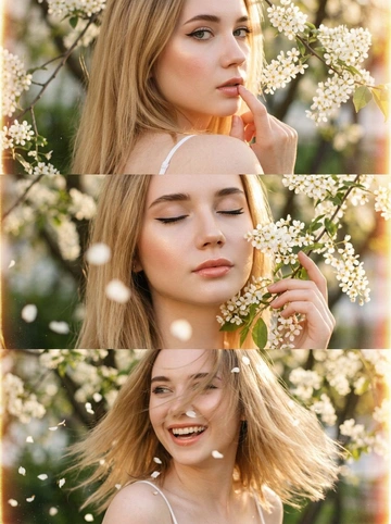 Создай  триптих из трёх кадров, расположенных под друг другом все кадры — крупный план (close-up portrait), единая стилистика и цветовая палитра. Весенняя атмосфера, цветущая черёмуха. Лицо освещено мягким боковым светом. Акцент на макияже глаз — изящные стрелки. Кожа светится естественным сиянием. Волосы мягко подсвечены контровым светом.
Макияж — свежий ретро-гламур: тонкая стрелка, аккуратно подчеркнутые ресницы, нежно-розовые губы с мягким блеском, лёгкий румянец.  Одежда - видны фрагменты белого верха на тонких бретельках.
Кадр 1 (верхний)
Экстремально крупный план лица со спины.  Она стоит спиной к камере, голова повернута в сторону плеча, палец касается губ под ветвями цветущей черёмухи. Нежные белые соцветия обрамляют лицо.
Кадр 2 (средний)
Крупный план, она закрывает глаза и слегка касается ветки черёмухи у щеки. Лепестки частично в фокусе на переднем плане.
Кадр 3 (нижний)
Крупный портрет в движении — лёгкий поворот головы, волосы развеваются от ветра падая на лицо и скрывая его часть, несколько лепестков черемухи в воздухе и в волосах, корпус наклонен к камере она смеется.
Стиль и обработка всех кадров:
Сцена имеет эстетику винтажного фильма с мелким зерном. 
все три фото фото залито солнечным светом, сильное плёночное зерно, тёплая винтажная цветокоррекция, лёгкая засветка по краям кадра, высокая детализация кожи, естественная текстура, гармоничная композиция триптиха.

Прическа::  Не менять прическу человека на фото.