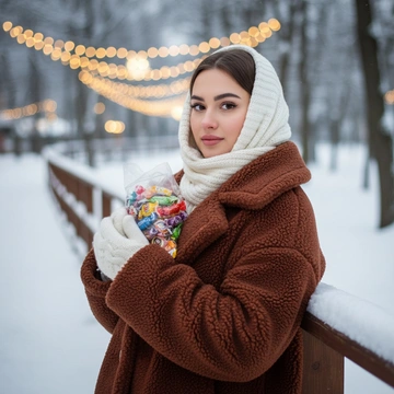 A medium close-up of a woman leaning on a railing on a snowy street, 3/4 angle, looking into the camera, clutching a bag of candy to her chest. She is dressed in a voluminous reddish-brown teddy coat and white knitted gloves, with a white knitted scarf covering her hair. She wears an even, matte skin tone, mascara, and pink lips. A winter park backdrop features bare trees, snow, and wooden railings. In the background, there is a strong, pronounced creamy bokeh from street garlands with warm lights. Soft, diffused daylight, minimal soft shadows, and a cozy, festive, and warm winter atmosphere. Shot with a 135mm portrait lens, very shallow depth of field, photorealistic style.