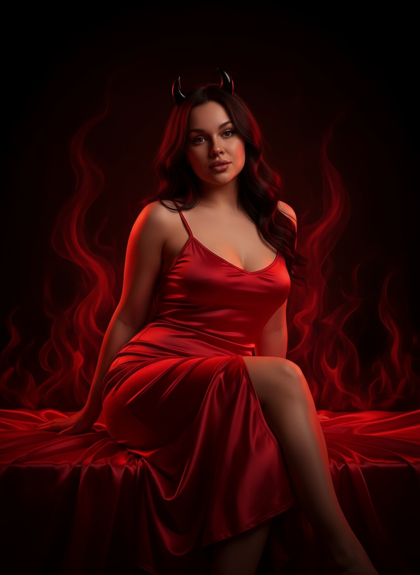 Изображение представляет собой стилизованный портрет женщины, характеризующейся как дьяволица. Женщина находится в центре внимания, сидя в кокетливой позе на поверхности, напоминающей красную атласную ткань. Ключевые элементы изображения: Тема и наряд: Женщина одета в красное атласное платье на тонких бретельках. На голове у неё маленькие чёрные рожки, придающие ей дьявольский вид. Её тёмные волосы уложены мягкими волнами и спускаются по спине. Поза и выражение: Она сидит, элегантно расставив ноги, и смотрит прямо в камеру с уверенным выражением лица. Фон и атмосфера: Тёмный фон, на котором доминирует эффект тёмно-красного дыма или пламени, создаёт страстную, таинственную и тематическую атмосферу. Освещение и стиль: Освещение драматичное и тёплое, с насыщенными красными тонами, насыщающими сцену. Свет подсвечивает её лицо, грудь и ноги, оставляя остальные части тела в тени.