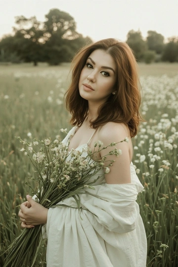 Фотосессия женщины в естественном, слегка приглушенном стиле в зеленом поле. Обстановка – поле, поросшее травой и мелкими белыми цветами, вдалеке видны деревья, создающие мягкий, размытый фон. Она прикрыта белым постельным одеялом (Duvet), которое небрежно обернуто вокруг ее тела, обнажая плечи. Естественный легкий макияж, волосы слегка развеваются на ветру. Атмосфера снимка спокойная, нежная и немного мечтательная. Цветовая гамма приглушенная, с преобладанием пастельных оттенков зеленого, бежевого и белого. Высокое разрешение, ультрареалистичный, 8K, стиль модной фотографии. Женщина стоит в траве. Её руки придерживают одеяло, которое обернуто вокруг её тела. В руках держит букет полевых цветов. Она смотрит в камеру.