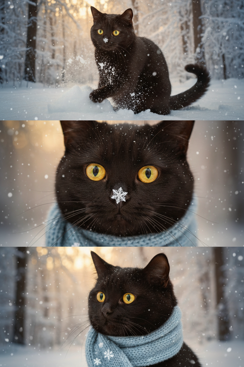     Коллаж из 3-Х фото моего питомца на зимнем фоне в снегу. Питомец в вязаном шарфе, вокруг падает снег, на заднем плане заснеженный лес.

Первый кадр — питомец в полный рост. Он играется со снегом 

Второй кадр — крупный план, увеличенный кадр мордочки питомца с одной снежинкой на носике. Мордочка питомца занимает весь кадр, взгляд прямо в камеру 
 
Третий кадр - портрет питомца, он смотрит в левую сторону. На фото виден шарф, на шарфу есть снежинки 

Три кадра объединены в вертикальный коллаж в едином тоне и свете. Атмосфера — реалистичная, теплая и немного кинематографичная.
Свет мягкий, утренний. Цвет шарфа - голубой