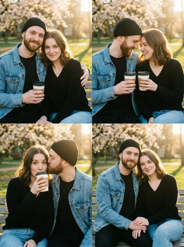             Фотореалистичный кинематографический коллаж в стиле фотобудки 2×2 из четырёх интимных портретов стильной пары крупным планом, расположенных в бесшовной сетке 2×2, на каждом кадре показана разная поза и выражение лица. Лица не меняются.  

Персонажи: мужчина и женщина — это реальные люди с загруженной фотографии или фотографий. Использовать ТОЧНОЕ сходство лиц с реальными людьми с загруженного фото или фотографий:
узнаваемые черты лица, форма глаз, носа, губ, без изменения внешности, приоритет портретного сходства, с сохранением узнаваемости лиц, причёсок и пропорций.
   

Продолжи фотосессию прогулка по городу. 
На всех фото сидят на скамейке в обнимку мужчина и женщина, оба смотрят в камеру, пьют кофе, романтика, они словно подсвечивается солнцем. Крупный план. Это их первое свидание. Атмосфера романтики, смущения и притяжения.
  
Обе модели модные и гламурные, тёплый загар с реалистичными бликами, естественная зернистость плёнки и тонкая текстура кожи. Женщина с безупречным нюдовым макияжем с подчеркнутыми ресницами и блестящими губами; одежда и аксессуары как на фото, где мужчина в шапке. 
  
Фон парк, апрель, мягкий равномерный ключевой свет спереди слева, тёплый вольфрамовый контурный свет справа для разделения, мягкие направленные тени для глубины. Кинематографическая атмосферная цветокоррекция с тёплыми бликами и нейтральными глубокими тенями, эстетика редакционного журнала. Сверхдетализированные пряди волос, реалистичные ресницы и брови, резкие отражения металла и ткани, правдоподобная ретушь журнального уровня, но при этом естественная.