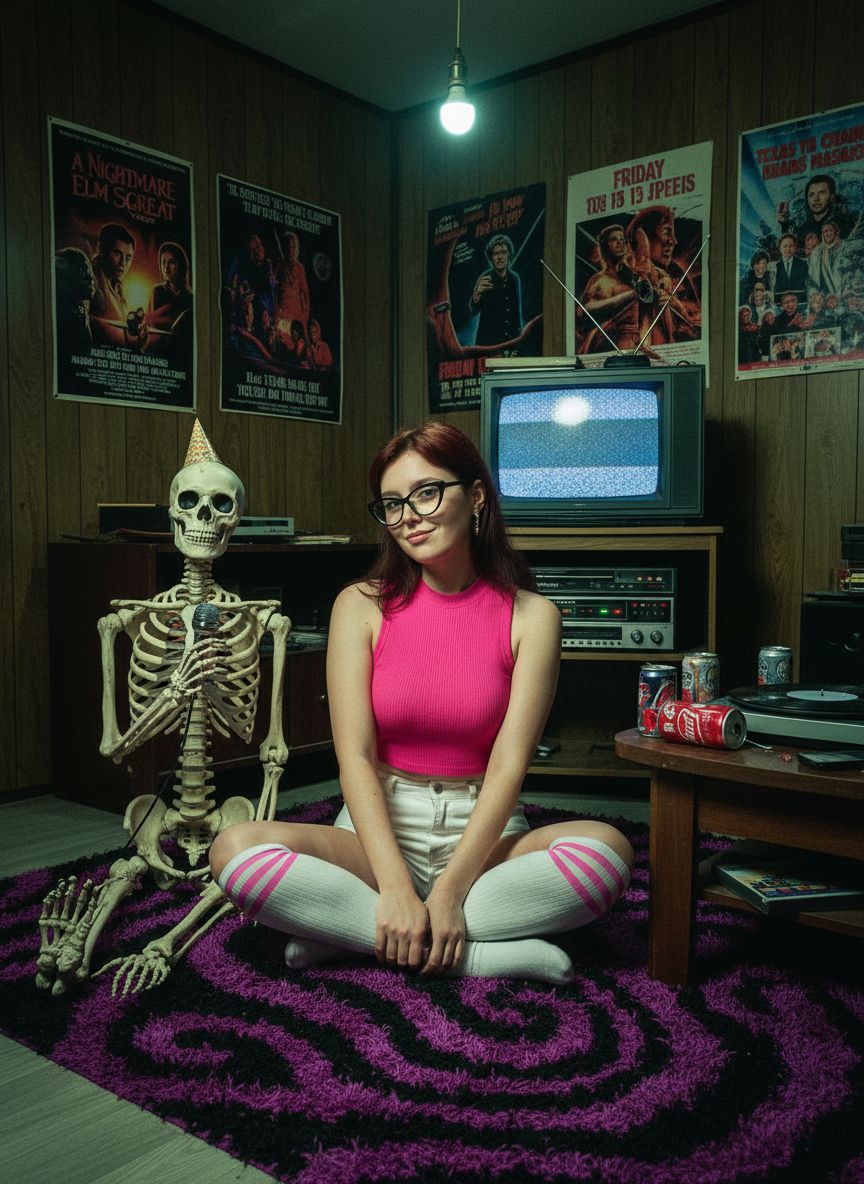Ретро-сцена в стиле хоррор. Женщина в розовом топе и белых шортах и носках сидит на пушистом ковре рядом с анатомическим скелетом. На фоне винтажная комната с постерами фильмов ужасов, старым телевизором и аудиотехникой. Атмосфера странная, ироничная, с лёгким оттенком черного юмора и ретро-эстетики