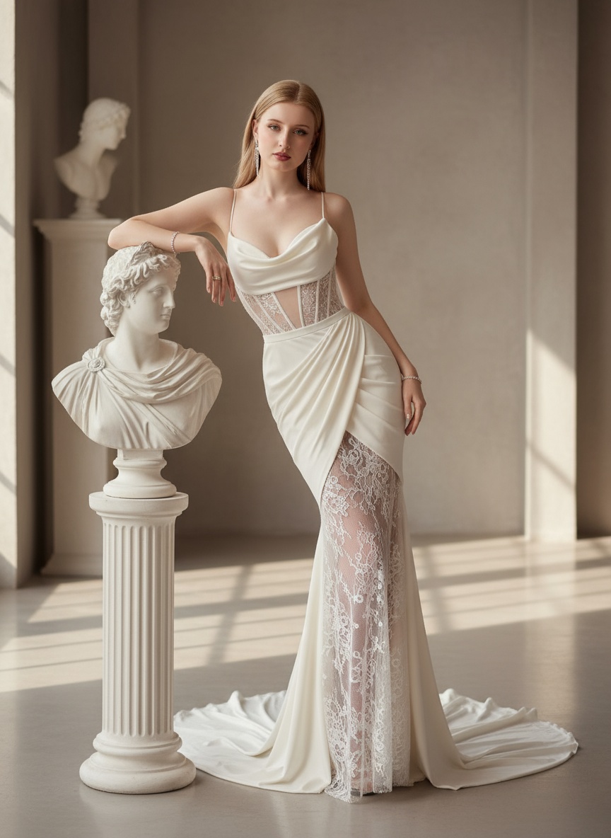   : Keep the facial features from the uploaded image.....An ultra-sharp 8k studio portrait, close-up face, focus face.
a half-body The model is striking a pose that exudes elegance, confidence, and a touch of classical artistry, blending seamlessly with the sculptural environment.
She leans gracefully against a classical bust on a pedestal, with her left elbow resting on it,
The gown is a masterpiece of contemporary bridal or evening wear, blending classical drapery with modern sheer and embellished elements. Predominantly off-white, ivory, or very pale champagne, giving it a luxurious and ethereal quality. A modified mermaid or sheath silhouette with significant draping and a dramatic train.
A graceful cowl neckline creates soft folds across the bust, secured by delicate spaghetti straps. The mid-section features visible corsetry details in a sheer or lace fabric, providing structure and a contemporary edge. The upper part of the skirt is meticulously draped with flowing fabric that wraps around the body, creating elegant lines and texture. The lower half, from mid-thigh down, transitions into a stunning sheer fabric that is intricately embroidered or appliquéd with lace patterns, providing a sensual yet sophisticated transparency.
Long, elegant drop earrings.
Subtle but visible bracelets on both wrists, along with a ring on her right hand, suggesting understated luxury.
Her long, hair is styled in soft waves, falling naturally around her shoulders, complementing the romantic feel.
Lighting: Soft, diffused lighting, possibly natural light from a window or studio lighting, ⚠️credit if sharing tik: tomthichsongao