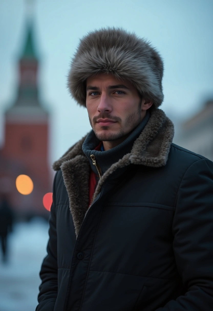 Мужчина в тёплой одежде с шапкой-ушанкой стоит на фоне Кремля, смотрит прямо в камеру, позади вечерние огни
