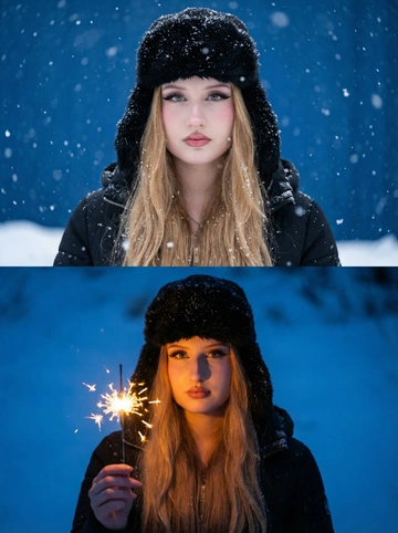   фотореализм 8K, внешность человека строго 1:1 с референса — лицо, волосы, глаза, кожа — без изменений,
коллаж из двух фото: верхнее — человек в чёрной меховой шапке и чёрной куртке, снег на одежде и волосах, падает снег, взгляд в камеру,
нижнее — человек в чёрной меховой шапке и чёрной куртке держит горящий бенгальский огонь в руках, свет от огня освещает лицо,
фон синий зимний с снегом,
--q 2 --stylize 50