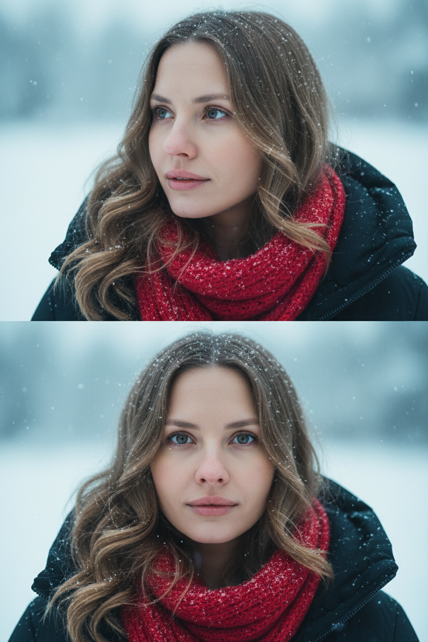 Создай коллаж из двух кадров человека, снятых крупным планом на улице зимой. Камера расположена близко, чтобы в кадре были видны лицо, шея и часть одежды. Главный акцент — на лице, глазах и снежинках, которые легли на волосы и ресницы.

Освещение мягкое, естественное, как в пасмурный зимний день. Вокруг падает лёгкий снег, отдельные снежинки чётко видны в воздухе и на коже. Фон — мягко размытый, с холодными оттенками (бело-голубой, серо-синий).

Первый кадр — человек смотрит в сторону, выражение мягкое, задумчивое, естественное. Крупный план лица, видно часть красного шарфа.
Второй кадр — прямой взгляд в камеру, нейтральное или лёгкое выражение лица, ресницы в снегу. Крупный план лица, видно часть красного шарфа.

Кожа чистая и естественная, без ретуши, текстура лица и губ сохранена. Фото выглядят как профессиональная зимняя портретная съёмка крупным планом, с эффектом свежести и спокойствия.

Оба кадра объединены в вертикальный коллаж в едином тоне и свете. Атмосфера — реалистичная, теплая и немного кинематографичная.