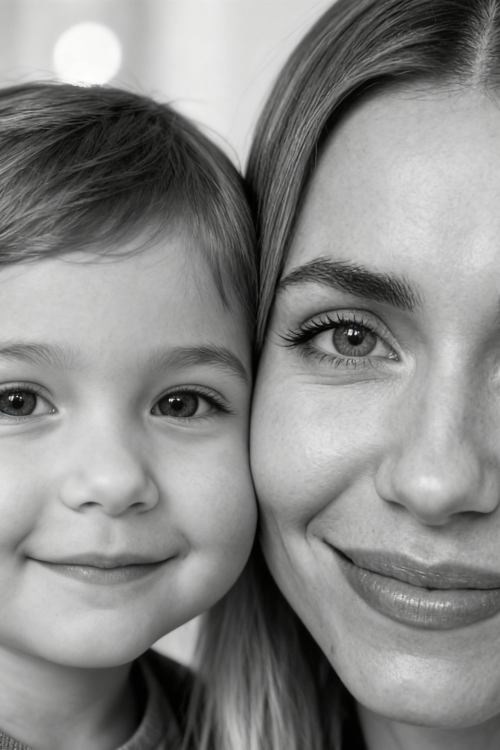 Сверхреалистичная черно-белая художественная фотография 8K женщины и ребенка, снятая очень крупным планом, щека к щеке так что видны только правая половина лица женщины и левая половина лица ребенка. которые смотрят в камеру. Их лица расположены рядом, почти соприкасаясь, образуя идеально сбалансированную симметричную композицию. Каждая деталь передана с фотографической точностью: тонкая текстура кожи и плавные градиенты света и тени. Видимая половина женщины включает ее бровь, один глаз , часть ее носа, щеку и губы, слегка приоткрытые в нежной, естественной улыбке, Видимая половина ребенка включает один глаз , круглую мягкую щеку, часть носа и небольшую улыбку, Фон нейтральный и слегка размытый, что подчеркивает эмоциональную близость между ними. Освещение мягкое и рассеянное, создает деликатный контраст и тональную глубину. На снимке запечатлены нежность, близость и связь между матерью и ребенком, запечатленные с потрясающей реалистичностью. Не меняй черты лиц. 
