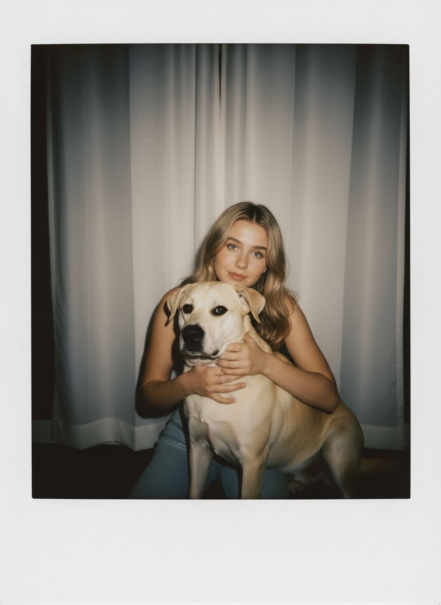 Take a picture with a Polaroid camera. the photo should look like a normal photo, without any clear subject or props. The photo should have a consistent light source such as a flash from a dark room, spread throughout the photo. Do not change the faces. Replace the background behind the two people with a white curtain. Человек и пёс на фото обнимаются.