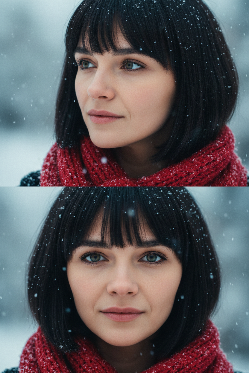 Создай коллаж из двух кадров человека, снятых крупным планом на улице зимой. Камера расположена близко, чтобы в кадре были видны лицо, шея и часть одежды. Главный акцент — на лице, глазах и снежинках, которые легли на волосы и ресницы.

Освещение мягкое, естественное, как в пасмурный зимний день. Вокруг падает лёгкий снег, отдельные снежинки чётко видны в воздухе и на коже. Фон — мягко размытый, с холодными оттенками (бело-голубой, серо-синий).

Первый кадр — человек смотрит в сторону, выражение мягкое, задумчивое, естественное. Крупный план лица, видно часть красного шарфа.
Второй кадр — прямой взгляд в камеру, нейтральное или лёгкое выражение лица, ресницы в снегу. Крупный план лица, видно часть красного шарфа.

Кожа чистая и естественная, без ретуши, текстура лица и губ сохранена. Фото выглядят как профессиональная зимняя портретная съёмка крупным планом, с эффектом свежести и спокойствия.

Оба кадра объединены в вертикальный коллаж в едином тоне и свете. Атмосфера — реалистичная, теплая и немного кинематографичная.