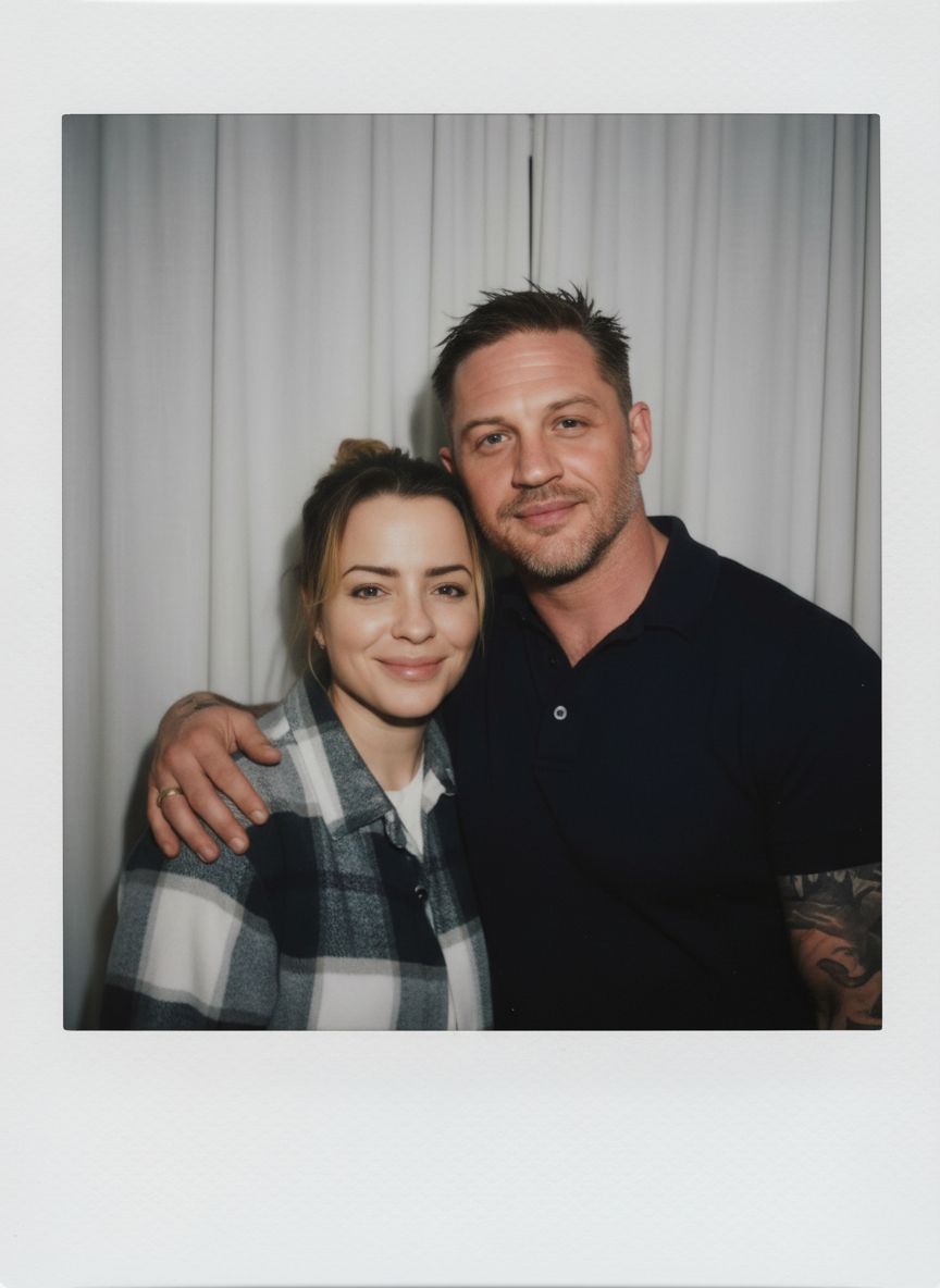 Take a picture with a Polaroid camera. the photo should look like a normal photo, without any clear subject or props. The photo should have a consistent light source such as a flash from a dark room, spread throughout the photo. Do not change the faces. Replace the background behind the two people with a white curtain. Люди на фото позируют вместе, улыбаясь в камеру.