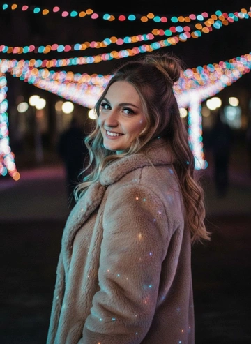 Создай ночной портрет молодой девушки на улице в окружении разноцветных праздничных огней. Она стоит вполоборота, тепло улыбаясь в камеру, выражение лица полно радости и чуда. Длинные волнистые волосы собраны в высокую прическу-мальвинку, ловящую отблески огней. На ней уютная плюшевая шубка нейтрального оттенка, отражающая окружающие цвета — холодный синий, розовый, фиолетовый и теплый красный. Освещение на лице создает мечтательный микс холодных и теплых тонов. Используй лицо девушки с загруженного фото. Соотношение сторон 3:4