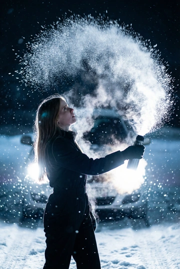 Создай портрет, не меняя черты лица. Эстетичный
женский силуэт в профиль на фоне ночного
снежного пейзажа. Девушка одета в стильный
черный комбинезон. Она в сильный мороз выливает
вверх полукругом в воздух кипяток, который,
замерзая в воздухе, образует красивую огромную
светящуюся дугу в воздухе. Контровой свет от фар
автомобиля сзади создает эффект ореола и
подсвечивает каждую снежинку и пар.
Атмосфера загадочная, холодная, высокая мода,
кинематографичное освещение, гиперреализм,
