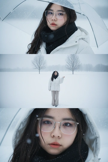Создай вертикальный кадр, разделённый на три горизонтальных изображения одинакового размера, расположенных рядом. Главный персонаж основан на референсном лице, причёске и фигуре: фигура с выражением грусти и ностальгии, с глубокими глазами, излучающими одиночество. Наряд представляет собой свободный белый зимний пуховик, широкие брюки и чёрный шарф. Общая атмосфера утопает в белом снеге, холодная цветовая палитра навевает меланхолию и одиночество. Изображение 1 (портрет): Персонаж держит прозрачный зонт, слегка откинув голову назад и глядя прямо в кадр через плечо. Выражение лица печальное, взгляд проникновенный. Фон размыт снежной белизной. Изображение 2 (в полный рост): Персонаж с зонтом стоит один на бескрайнем заснеженном поле, идя и глядя в небо. Камера направлена ​​сверху вниз, как будто персонаж поднимает руку, чтобы поймать падающие снежинки. Вдали виднеются несколько голых деревьев без листьев. Сцена передаёт ощущение ничтожности и изолированности на фоне бескрайности природы. Изображение 3 (крупный план): Увеличенный кадр глаз персонажа с отстранённым, печальным взглядом, вызывающим чувство одиночества и тоски.