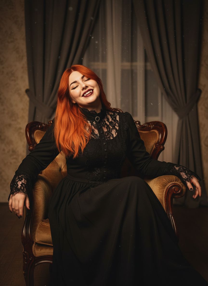 Готический портрет в винтажной обстановке. Женщина в чёрном наряде с кружевными элементами сидит на старинном кресле. На лице яркий макияж с акцентом на глаза и губы, видны клыки вампира. Выражение лица радостное, с лёгкой улыбкой и закрытыми глазами. Атмосфера тёплая, мистическая, с мягким светом и ретро-настроением.