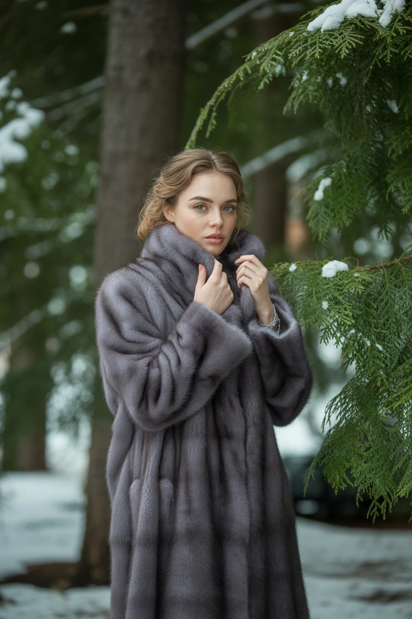 Женщина на фоне густых зеленых елей, одета в длинную норковую шубу глубокого серого оттенка с роскошным высоким воротником. Стоит в среднем плане, одной рукой поправляет мех, смотрит прямо в камеру, гламурный макияж, распущенные волосы. Атмосфера советского ретро-журнала, акцент на элегантности шубы.