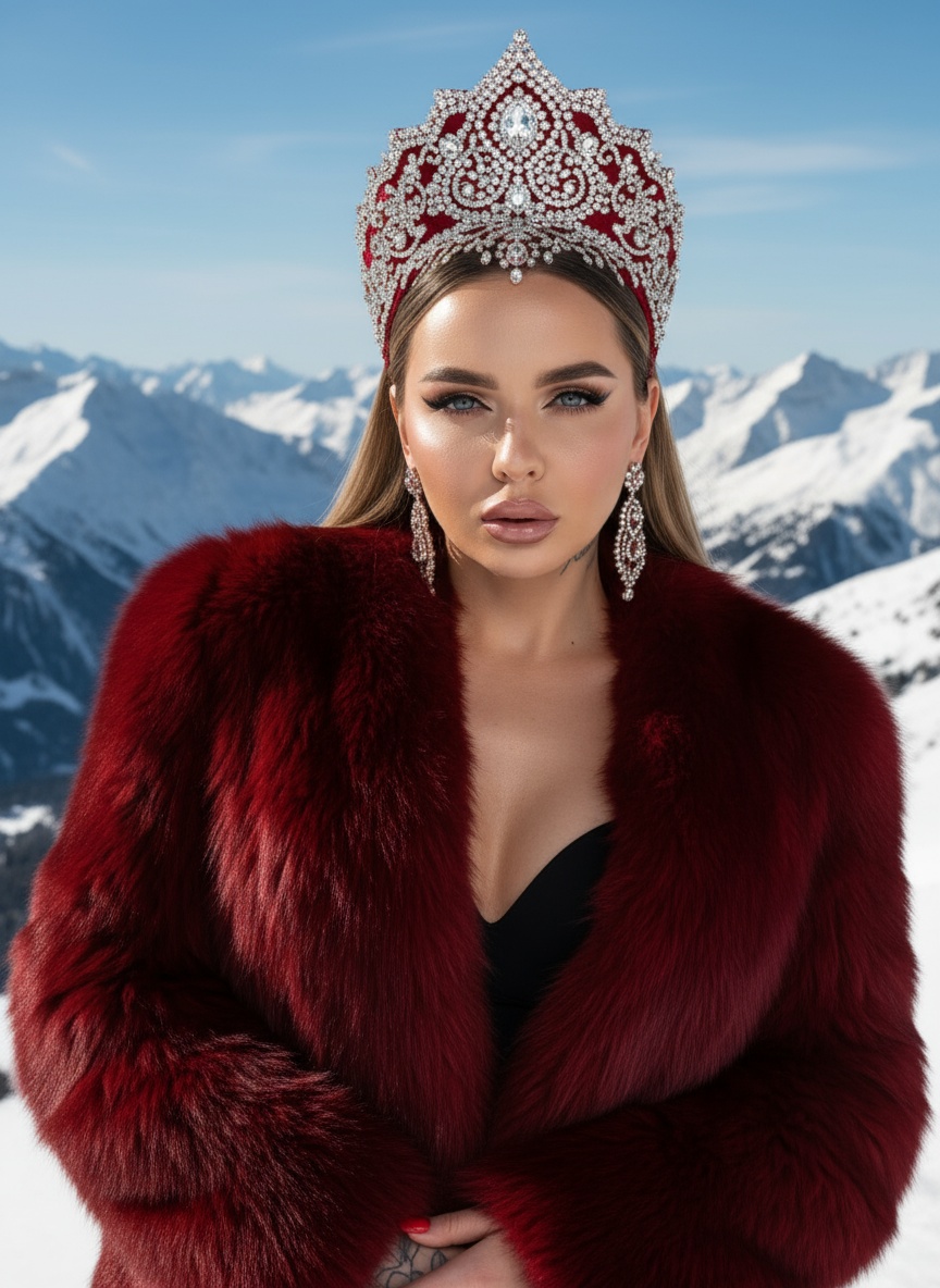  
Создай портрет на открытом воздухе в стиле высокой моды, вдохновлённый редакционной фотографией Vogue.
Человек элегантно позирует на фоне заснеженных гор под ярким солнечным светом.
На заднем плане кинематографический альпийский пейзаж с чистым небом и свежим воздухом. Модель одета в роскошную красную шубу с плотной текстурой, украшенная детализированным ювелирным головным убором похожий на кокошник и подходящими серьгами, которые сверкают на свету.
Кожа светящаяся, губы слегка приоткрыты, макияж с ярким румянцем и глянцевым финишем. Освещение яркое, насыщенное и кинематографическое, подчёркивающее контраст между красной шубой и холодными тонами заснеженных гор.
Стиль: мода Vogue, высокая мода, ультрареализм, богатая цветовая палитра, разрешение 8К, естественный солнечный
свет,