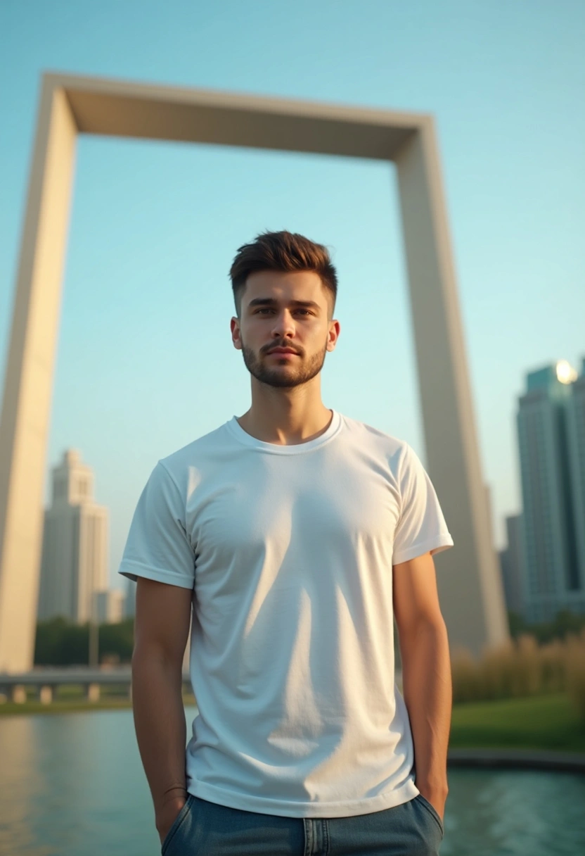 Мужчина в шортах и футболке стоит на фоне Dubai Frame, смотрит прямо в камеру, вокруг городской парк