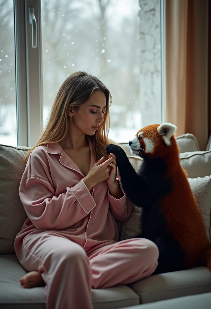 Женщина в пижаме лежит на диване, а рядом красная панда нежно держит её руку лапкой, за окном виден снегопад.