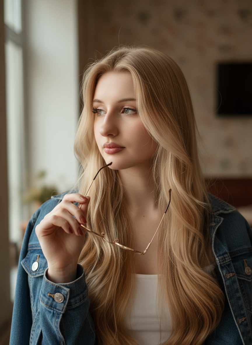  Maintain the same face and person (use attached photo for accurate face Hyper-realistic cinematic. Create the image by keeping the face shape 100% like the original photo, showing a young woman with long,-colored wavy hair, wearing a white top and a denim jacket strapped to her shoulders.
She held gold-framed glasses in her right hand, near the chin, and looked to the left with a thoughtful expression. Saç rengi sarı ombre olsun