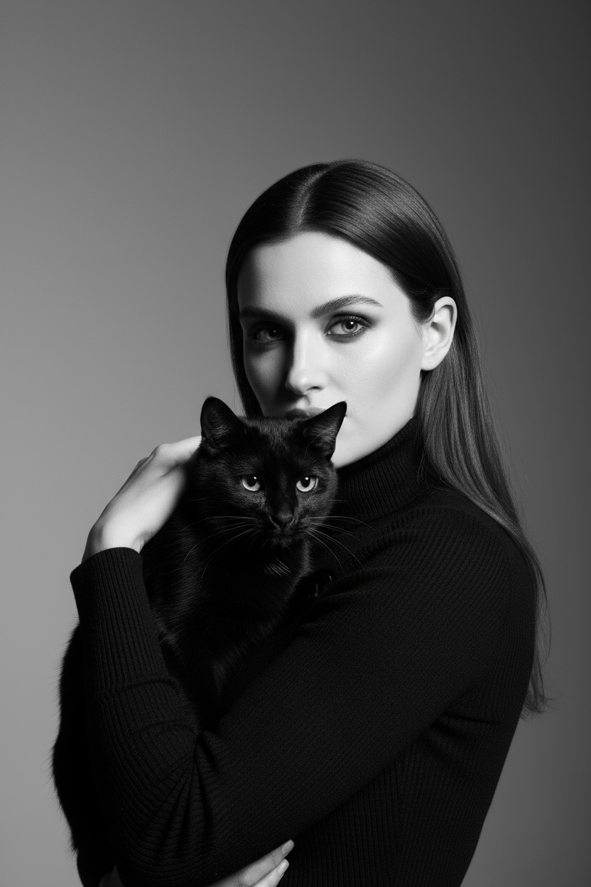 Высококонтрастный черно-белый портрет женщины в черной водолазке, держащей чёрную кошку у лица. Композиция напряжённая и интимная: оба персонажа смотрят прямо в камеру с одинаковой интенсивностью. Яркое и направленное освещение создаёт глубокие тени и подчёркивает контраст между их бледной кожей и тёмной шерстью кошки. Выражение её лица спокойное и уверенное, глаза подведены чётко, а гладкие прямые волосы естественно ниспадают на одно плечо. Фон - градиент от серого к темно-серому. Общее настроение таинственное, элегантное и кинематографичное, напоминающее портрет из модного журнала с готическим подтекстом.