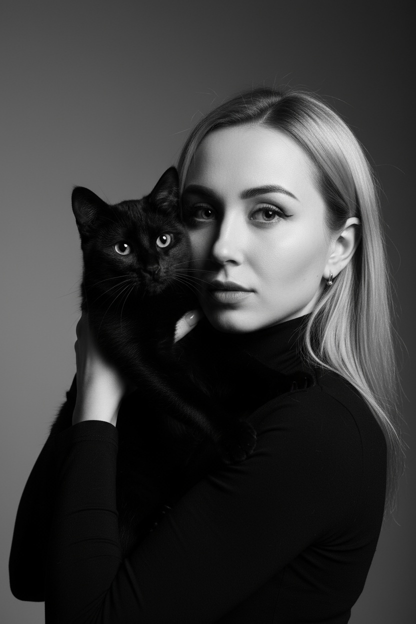 Высококонтрастный черно-белый портрет женщины в черной водолазке, держащей чёрную кошку у лица. Композиция напряжённая и интимная: оба персонажа смотрят прямо в камеру с одинаковой интенсивностью. Яркое и направленное освещение создаёт глубокие тени и подчёркивает контраст между их бледной кожей и тёмной шерстью кошки. Выражение её лица спокойное и уверенное, глаза подведены чётко, а гладкие прямые волосы естественно ниспадают на одно плечо. Фон - градиент от серого к темно-серому. Общее настроение таинственное, элегантное и кинематографичное, напоминающее портрет из модного журнала с готическим подтекстом.