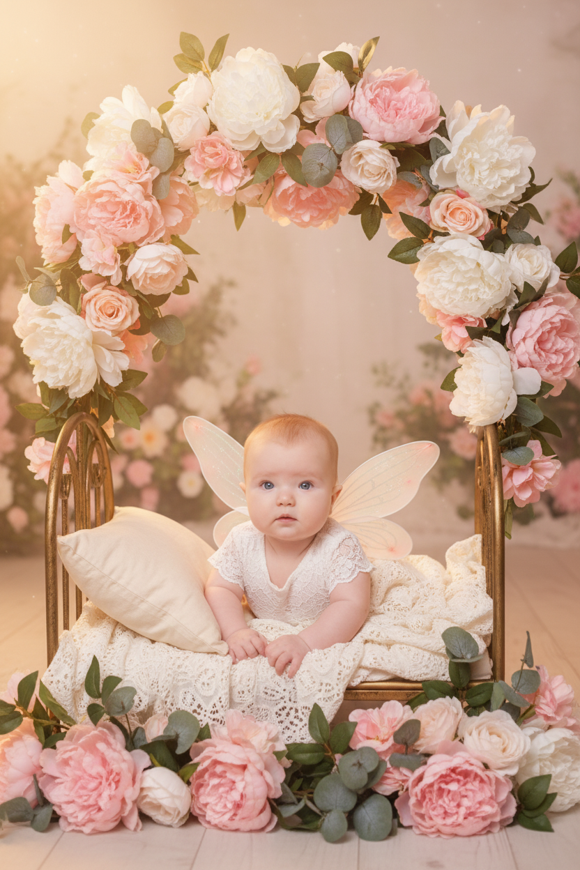 Цветочная кроватка: винтажная мини-кровать из кованого металла цвета золота. Подушка из хлопка цвета айвори, кружевной плед, вокруг — цветочная арка из роз, пионов и эвкалипта (пастельные оттенки пудры, крема, белого). Девочка в кружевном боди и тонких крылышках-бабочки. Свет мягкий софт-бокс + контровой золотистый, эффект утреннего сияния.