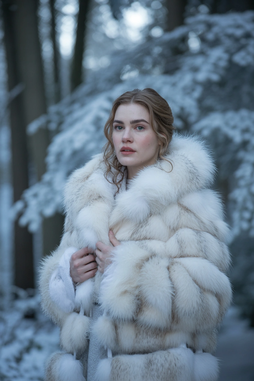 Женщина в заснеженном лесу в роскошной белой шубе с объемным капюшоном из длинного меха. Стоит в среднем плане, смотрит прямо в камеру, легкий естественный макияж, волосы распущены мягкими волнами. Атмосфера ретро-журнала, акцент на контрасте пушистого меха и зимнего пейзажа.