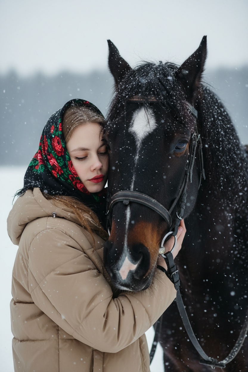 На изображении крупным планом показаны девушка и лошадь в зимней обстановке. Снег падает, создавая эффект заснеженности.девушка, одетая в шубу, обнимает лошадь. у девушки нарощенные ресницы. Девушка смотрит вниз и обнимает лошадь. На ее голове надет черный платок с ярким цветочным узором, включающим красные розы и зеленые листья. На ее губах нанесена красная помада.Лошадь темной масти, на лбу у нее белое пятно в форме ромба. На голове лошади надета упряжь. Мех и шерсть обоих покрыты снежинками.Фон представляет собой размытый зимний пейзаж с деревьями. На девушке бежевый пуховик