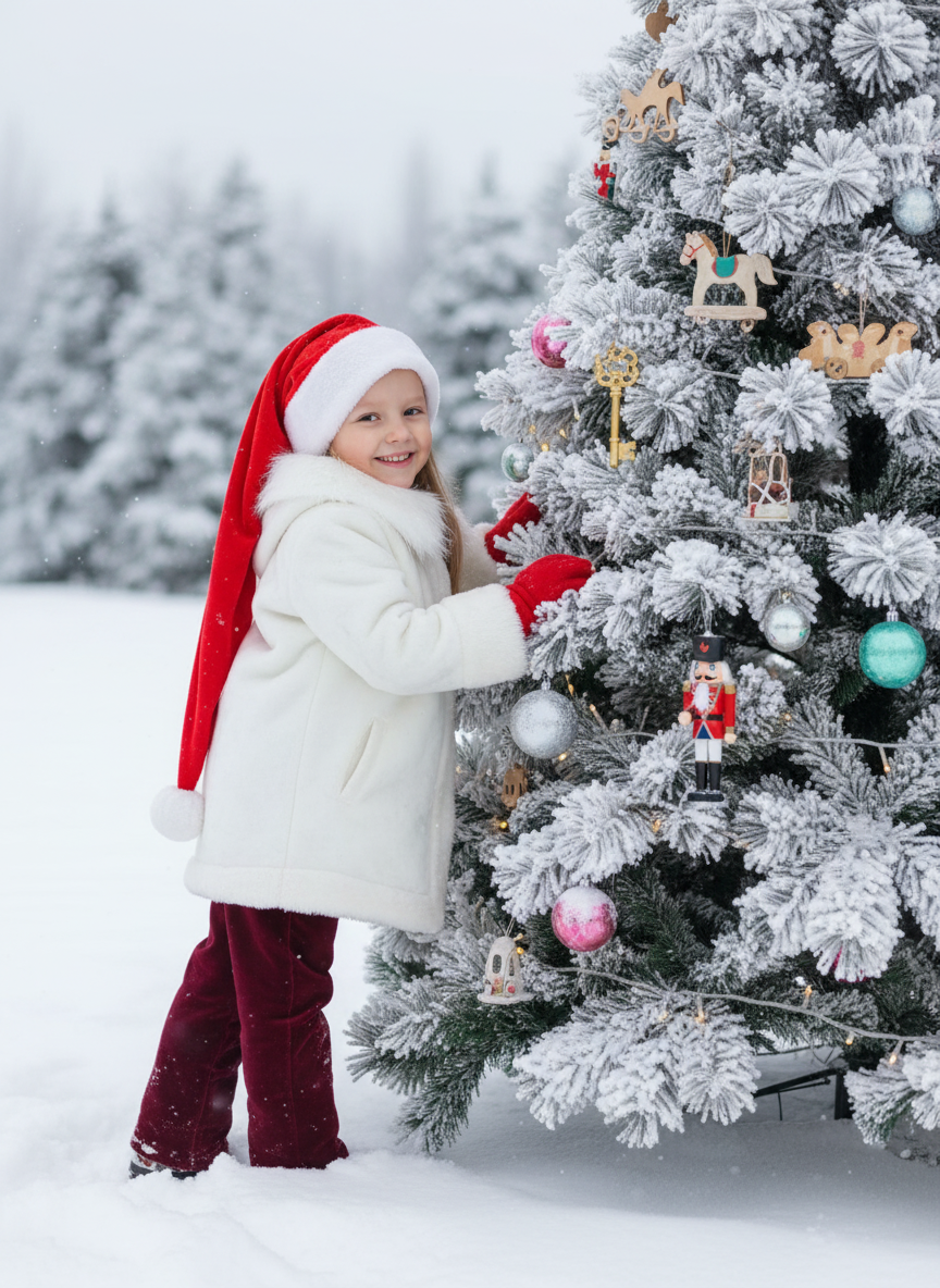 Создайте фотографию ребёнка с озорной улыбкой, выглядывающего из-за заснеженной ёлки ​​в зимнем пейзаже. Ребёнок стоит боком к камере, слегка наклонившись вперёд. Он обнимает или придерживает одну из заснеженных веток новогодней ёлки, выглядывая из-за неё. Голова немного наклонена, лицо повернуто в сторону камеры. Одна рука опирается на ветку, другая частично скрыта за ёлкой. Ноги стоят прямо, тело расслаблено. На елке игрушечные лошадки, оловянные солдатики, щелкунчик, золотой ключик из сказки 'Буратино', гирлянда и новогодние шары. На ребенке длинная, непропорционально большая красная шапка в стиле Санта-Клауса, доходящая до бёдер, и белое зимнее пальто или куртка с отделкой и подкладкой из белого меха или шерпы на воротнике, манжетах и ​​спереди. На нём тёмно-красные/бордовые бархатные или тёплые тканевые брюки и красные варежки. На земле лежит свежий, нетронутый снег, а размытые деревья (ели) на заднем плане создают мягкую глубину. Рассеянное освещение навевает мысли о пасмурном зимнем дне, а общий тон изображения создаёт волшебную и игривую атмосферу.Сохраните черты лица человека на представленной фотографии такими, какие они есть.