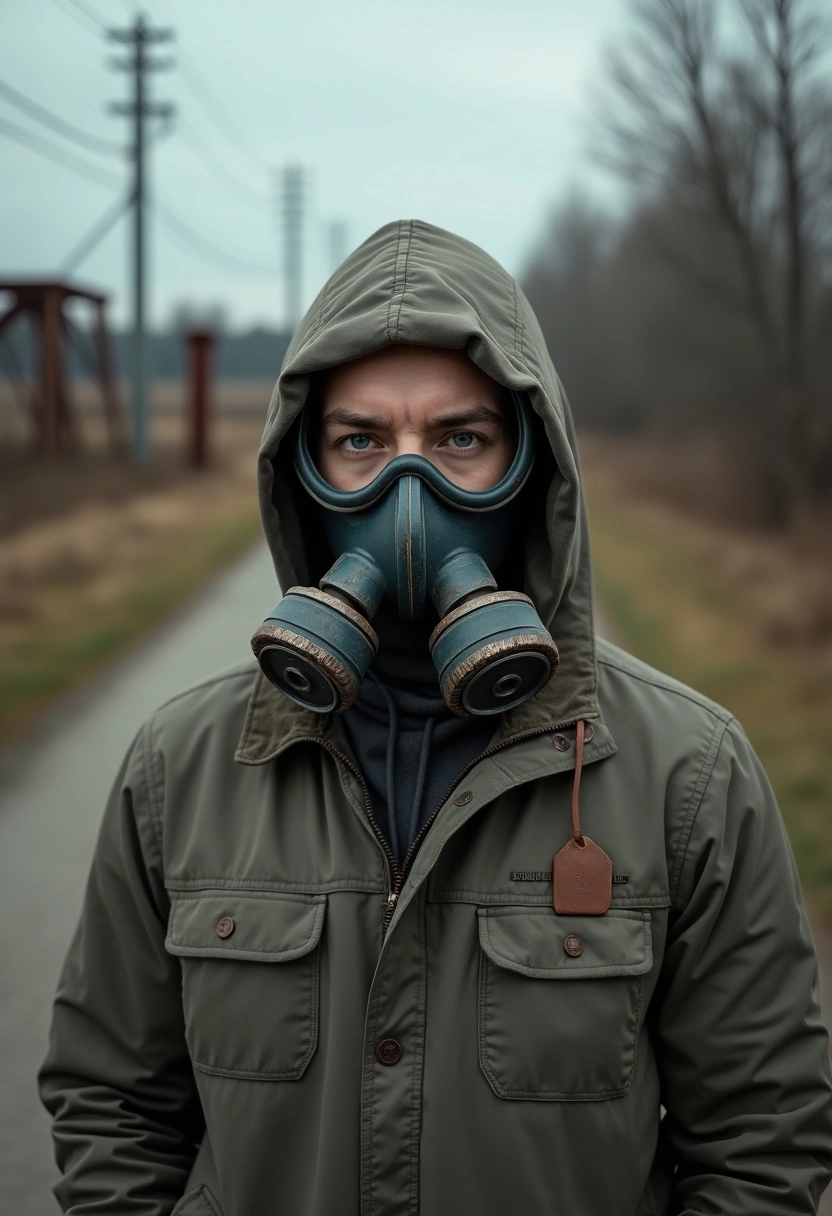 Мужчина в противогазе стоит на фоне ржавых аттракционов в Припяти, пристально смотрит в камеру