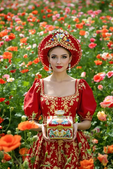 Женщина в алом сарафане с золотым узором и высоким кокошником стоит среди цветущих маков, держит в руках расписной ларец, смотрит прямо в камеру, вокруг зелёная трава и летний свет. Волшебная атмосфера русской сказки.