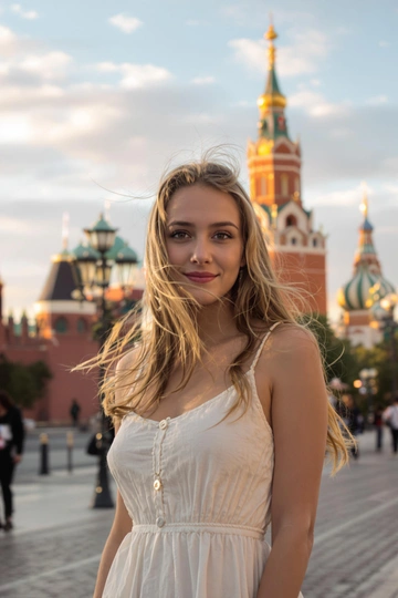 Молодая женщина в светлом летнем сарафане с распущенными волосами стоит на Красной площади на фоне вечернего неба и башен Кремля, смотрит прямо в камеру, лёгкая улыбка, солнечный свет отражается на лице, вокруг летняя атмосфера.