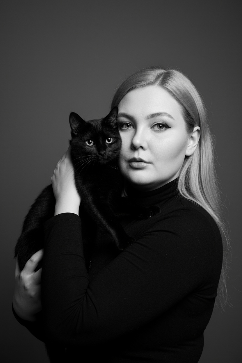 Высококонтрастный черно-белый портрет женщины в черной водолазке, держащей чёрную кошку у лица. Композиция напряжённая и интимная: оба персонажа смотрят прямо в камеру с одинаковой интенсивностью. Яркое и направленное освещение создаёт глубокие тени и подчёркивает контраст между их бледной кожей и тёмной шерстью кошки. Выражение её лица спокойное и уверенное, глаза подведены чётко, а гладкие прямые волосы естественно ниспадают на одно плечо. Фон - градиент от серого к темно-серому. Общее настроение таинственное, элегантное и кинематографичное, напоминающее портрет из модного журнала с готическим подтекстом.
