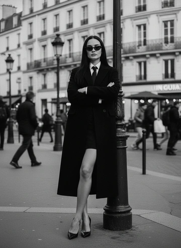 СОХРАНИТЬ РЕАЛЬНОЕ ЛИЦО — строго сохранить точные черты лица и идентичность с референсного изображения. Без бьютификации, без стилизации.
Чёрно-белый уличный fashion-портрет в стиле classic Parisian chic и cinematic street photography с акцентом на элегантность, холодную уверенность и ощущение большого города. Атмосфера утренняя, динамичная, с контрастом между статичной фигурой модели и движением городской жизни. 

Поза модели
Модель стоит, опираясь спиной и плечом на уличный столб. Руки скрещены на груди, поза закрытая, но доминирующая. Одна нога слегка согнута в колене и вынесена вперёд, создавая изящную линию бедра. Корпус слегка наклонён, осанка расслабленная, но уверенная. Голова расположена прямо, взгляд направлен сквозь тёмные очки вперёд.

Образ модели
Классический городской образ с мужским кроем. Длинное тёмное пальто прямого силуэта, надетое поверх рубашки и галстука, создаёт андрогинный и строгий вайб. Короткая обтягивающая юбка скрыта под пальто, акцент на ноги. Туфли на каблуке с острым носом подчёркивают элегантность. Солнцезащитные очки с узкой оправой. Причёска аккуратная, волосы прямые, уложены естественно. 

Атмосфера
Городская, интеллектуальная, немного холодная. Ощущение независимости, ритма мегаполиса и внутренней силы. В кадре чувствуется контраст между спокойствием модели и суетой окружающих людей.

Ракурс и композиция
Полнофигурный кадр. Камера расположена на уровне талии, создавая эффект вытянутой фигуры. Модель находится ближе к центру кадра. Вертикальные линии улицы и столб усиливают графичность композиции. Движущиеся прохожие на фоне создают эффект размытия и динамики.

Фон
Улица европейского города с классической архитектурой. Фасады зданий, окна, вывески, дорожные знаки. Люди на заднем плане размыты в движении, создавая ощущение потока жизни. Городской пейзаж служит живым, но ненавязчивым фоном.

Освещение
Естественный дневной свет. Контрастный, с чёткими светотенями. Свет подчёркивает форму ног, линии пальто и лицо. Отсутствие искусственного освещения.

Обработка фотографии
Чёрно-белая high-contrast обработка. Глубокие тени и яркие светлые участки. Чёткая детализация ткани, кожи и архитектуры. Классический плёночный стиль с лёгкой зернистостью.

Эффекты камеры
Полнокадровая камера. Объектив 50 mm. Диафрагма f/4.0–f/5.6 для сохранения читаемости сцены. Длинная выдержка для лёгкого motion blur на прохожих. Лёгкое плёночное зерно. Без виньетки.

Негативный промт: деформированное лицо, изменённая внешность, искажённые черты лица, низкое качество, нереалистичная кожа, нереалистичная модель, нарисованное фото, нереалистичное фото.