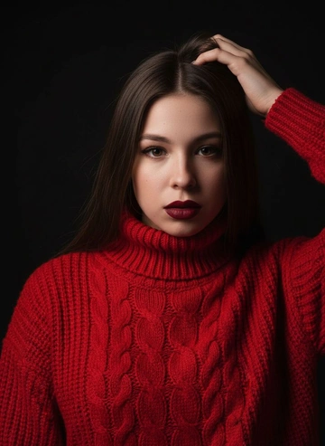 Это студийный портрет крупным планом, выполненный в стиле модной фотосессии. На снимке изображена женщина, смотрящая прямо в камеру. Фон темный, почти черный, что создает контраст с кожей модели и одеждой. Атмосфера серьезная и сосредоточенная.

Женщина одета в красный вязаный свитер с высоким воротом. Свитер занимает значительную часть кадра, его текстура хорошо видна. Одна рука поднята и касается головы, создавая диагональную линию в верхней части кадра. Освещение акцентирует внимание на лице, делая макияж более заметным. На губах яркая матовая помада темно-красного оттенка. Цветовая гамма в основном красная и темная, что создает драматичный эффект.