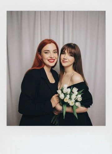 Take a picture with a Polaroid camera. the photo should look like a normal photo, without any clear subject or props. The photo should have a consistent light source such as a flash from a dark room, spread throughout the photo. Do not change the faces. Replace the background behind the two people with a white curtain. Люди на фото позируют вместе, улыбаясь в камеру.