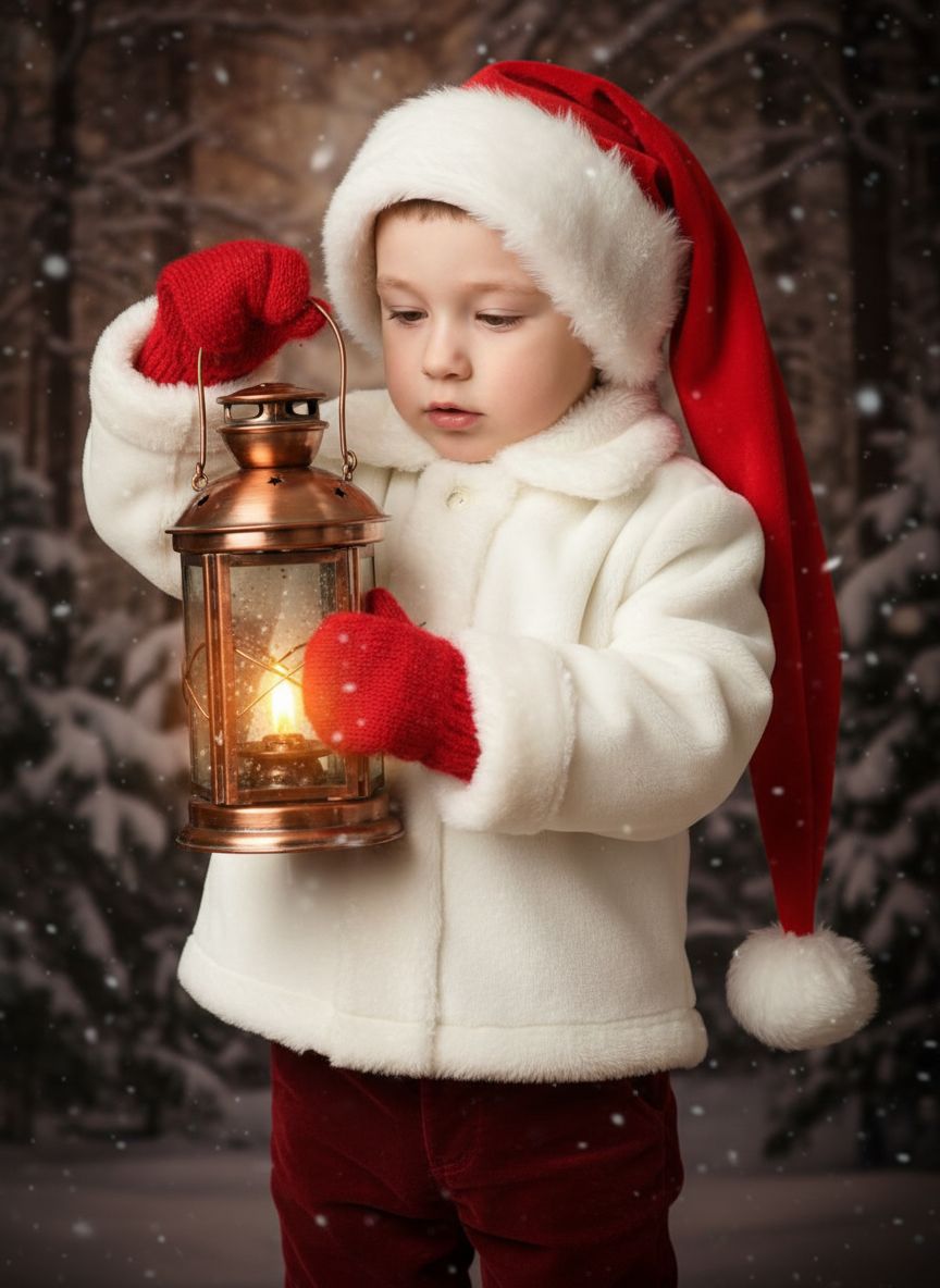 Создайте фотографию ребенка в разрешении 8K. Ребенок одет в белое зимнее пальто или куртку с белой меховой или шерповой подкладкой на воротнике, манжетах и ​​спереди. На нем брюки из темно-красного/бордового бархата или теплой ткани и красные варежки. На нем длинная, ярко-красная шапка в стиле Санта-Клауса, с длинным, доходящим до бедер кончиком, украшенным белым помпоном. В руках он держит старый медный фонарь, горящий ярким пламенем. Ребенок смотрит на фонарь с любопытством. Фонарь — темный, слегка размытый зимний лес или пейзаж, создающий волшебную и уютную атмосферу. От фонаря исходит мягкий, теплый свет. Портрет в студийном стиле, насыщенные цвета, малая глубина резкости. Идиллическая и праздничная зимняя фотография с мягким падающим снегом.  Сохраните черты лица человека на представленной фотографии.