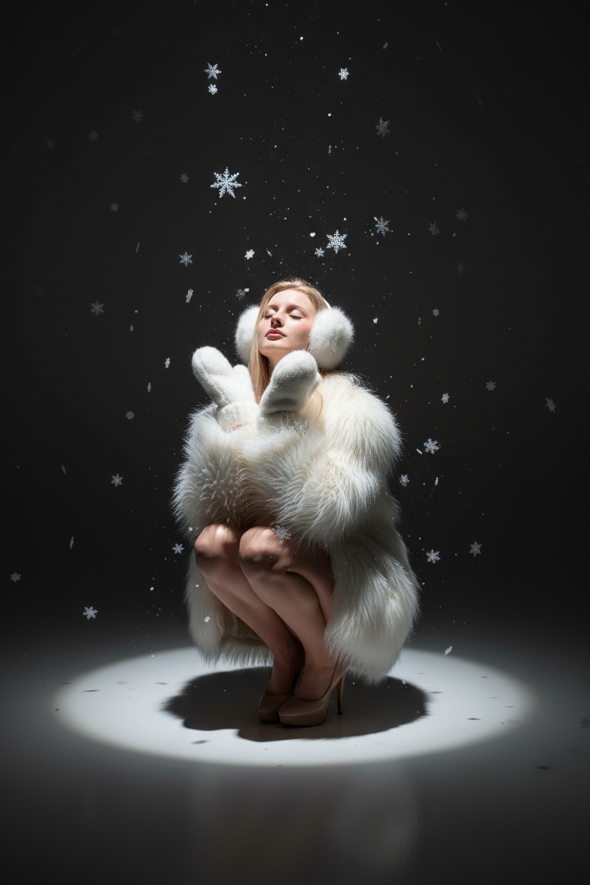 Создай ультрареалистичный студийный зимний портрет женщины (используй загруженное фото как точную визуальную основу, не изменяй черты лица, выражение, цвет кожи, глаз, бровей, губ и волос). Женщина сидит на корточках в центре кадра, на фоне тёмной студии с мягким направленным светом сверху. Вокруг падают крупные и мелкие хлопья снега, замороженные в движении. На ней объёмная белая пушистая шуба с длинным мехом, большие белые меховые варежки и наушники. Ноги обнажены, на ней бежевые туфли на шпильке. Голова чуть запрокинута вверх, глаза закрыты, лицо расслаблено, выражение спокойное и мечтательное - будто она ловит снежинки. Освещение контрастное: яркий круг света на полу под ней и глубокая тень позади. Снег подсвечен и искрится. Атмосфера - зимняя, модная, волшебная, с ощущением тишины и снежного воздуха.