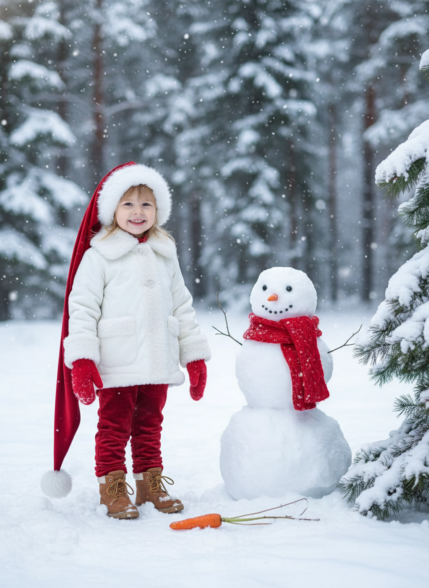 Создайте фотографию счастливого улыбающегося ребенка в 8K-качестве, в длинной шапке Санты, доходящая до бёдер, красных варежках и  и белое зимнее пальто или куртка с отделкой и подкладкой из белого меха или шерпы на воротнике, манжетах и ​​спереди поверх красных бархатных брюк. Коричневые ботинки из замши со шнурками. Рядом с ребенком лежит морковка, сухие веточки. Снеговик из трех снежных шаров. На снеговике красный вязанный шарф. Справа видны заснеженные сосновые ветки. На заднем плане — заснеженный лес. Это идиллическая и праздничная зимняя фотография с мягким падающим снегом. Bзображение передаёт нежное, игривое и немного волшебное ощущение. Сохраните черты лица человека на представленном фото.