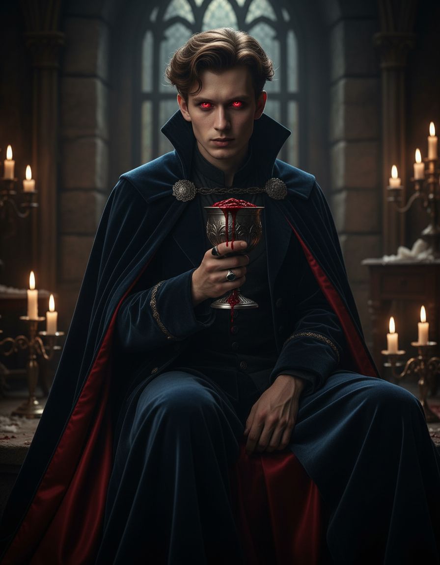Ультрареалистичный кинематографический портрет короля вампиров. Мужчина в длинном бархатном плаще с красной подкладкой. Его глаза светятся красным, в руках кубок с багровой жидкостью. Атмосфера изысканная, свечи освещают сцену. Стиль тёмный, кинематографичный, в духе классического вампирского хоррора.