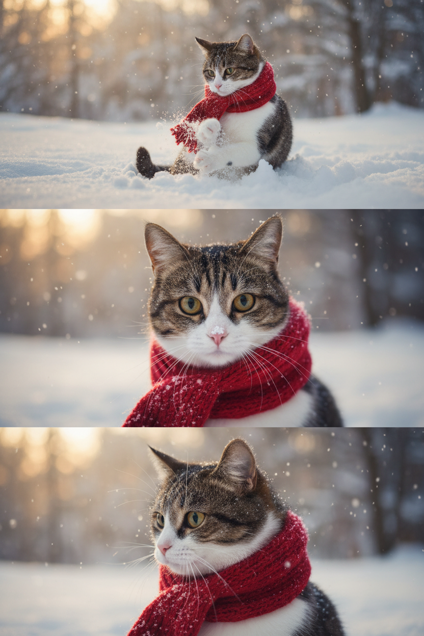     Коллаж из 3-Х фото моего питомца на зимнем фоне в снегу. Питомец в вязаном шарфе, вокруг падает снег, на заднем плане заснеженный лес.

Первый кадр — питомец в полный рост. Он играется со снегом 

Второй кадр — крупный план, увеличенный кадр мордочки питомца с одной снежинкой на носике. Мордочка питомца занимает весь кадр, взгляд прямо в камеру 
 
Третий кадр - портрет питомца, он смотрит в левую сторону. На фото виден шарф, на шарфу есть снежинки 

Три кадра объединены в вертикальный коллаж в едином тоне и свете. Атмосфера — реалистичная, теплая и немного кинематографичная.
Свет мягкий, утренний.  Цвет шарфа - красный 