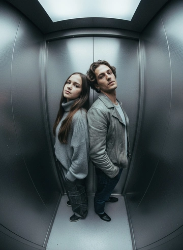 Используй предоставленные изображения и создай фото с двумя людьми в лифте с металлическими стенами. Цветовая гамма с преообладанием серых металлических оттенков. Кадр снят с максимально верхнего ракурса, люди будто заглядывают в камеру, их головы подняты наверх, взгляд в камеру. Легкий эффект fish eye. Реалистичное фото. Зернистость пленочного фото, насыщенные цвета, стиль фото y2k. Сохрани черты лица людей. Они стоят спиной друг к другу. Руки в карманах.