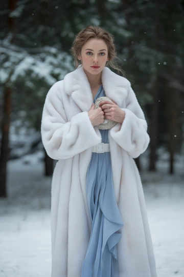Женщина на фоне снежного зимнего леса в длинной белой норковой шубе с поясом, под шубой нежно-голубое шифоновое платье с деликатной драпировкой. Стоит в среднем плане, смотрит прямо в камеру, на лице легкий естественный макияж, распущенные волосы, в руках стильная муфта.