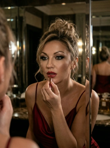 Создай не меняя черты лица. Экстремально реалистичный кинематографичный портрет ,  снятый  в зеркальном туалете дорогого ресторана. 
Высокая детализация лица, текстур, кожи. 
- гладкая сияющая кожа с эффектом легкого глянца, выразительный макияж в стиле glam: плотные черные стрелки с вытянутым «кошачьим» уголком, объемные длинные ресницы, светлые тени с мягким сиянием, четко оформленные брови, на губах красноватый блеск. 
Крупный план лица. 
Кожа без эффекта пластика,  с реалистичной текстурой. 
Одежда - на ней платье шелковое на тонких бретелях, драпированное, красного цвета. 
Вечер, интимная атмосфера, отражения в зеркалах, приглушённый свет, ощущение роскоши и ускользающего момента. Очень чувственно. 
Прическа: волосы собраны в небрежный высокий пучок, пару колонов выпущены спереди. 
Свет мягко скользит по плечам и линии спины, создавая глубокие тени и драматичный силуэт. экстремально близкий ракурс лица через зеркало, женщина смотрит на своё отражение и держит в руке помаду, нанося ее на пухлые губы, жест живой и естественный. 
Лицо частично в фокусе, частично слегка размыто, ощущение движения и дыхания кадра. выразительный взгляд, блики света в зеркале, приглушённое освещение, cinematic lighting, мягкие тени, отражения зеркал, лёгкое зерно и небольшой motion blur без резкой чёткости и глянца. Цвета глубокие, насыщенные, но сдержанные. Общий стиль ультрареализм, кинематографическая эстетика, ощущение пойманного момента, живо, чувственно и очень реалистично, как кадры из личного архива.
Соотношение сторон 9:16