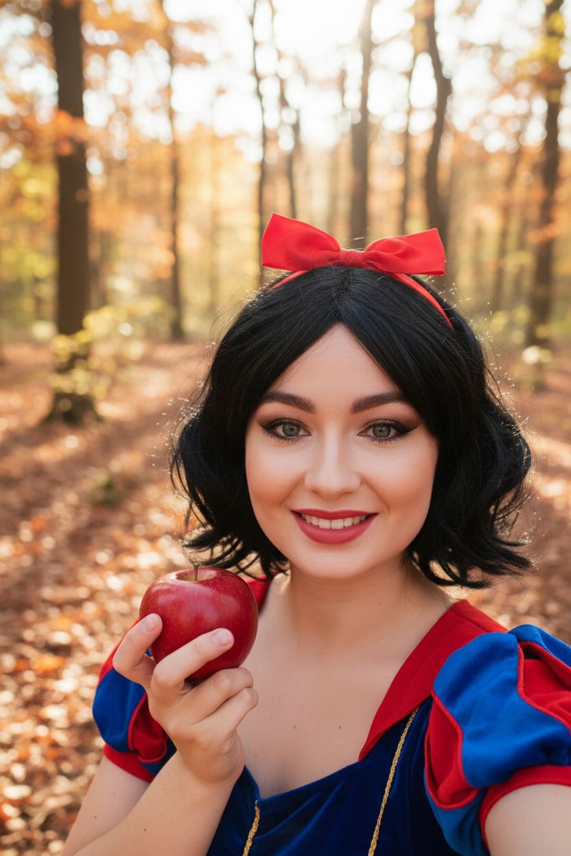 Селфи крупным планом, снятое на фронтальную камеру. Женщина в образе Белоснежки: чёрный парик с красной лентой, в руке красное яблоко. Камера немного сверху, естественный ракурс. Осенний лес на фоне. Повседневное реалистичное селфи на улице. Не изменять черты лица. Она улыбается.