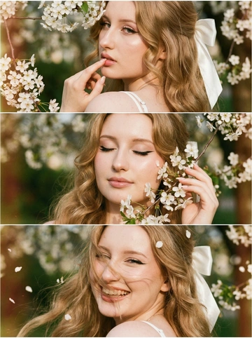 Создай не меняй лицо .Триптих из трёх кадров, расположенных под друг другом все кадры — крупный план (close-up portrait), единая стилистика и цветовая палитра.
Весенняя атмосфера, цветущая черёмуха.
Лицо освещено мягким боковым светом.
Акцент на макияже глаз — изящные стрелки. Кожа светится естественным сиянием. Волосы мягко подсвечены контровым светом.
Макияж — свежий ретро-гламур: тонкая стрелка, аккуратно подчеркнутые ресницы, нежно-розовые губы с мягким блеском, лёгкий румянец.
Причёска — мягкие объёмные волны в стиле 70-х, естественный прикорневой объём, часть волос собрана сзади атласной белой лентой завязанной на бантик, два локона спереди обрамляют лицо.
Одежда - видны фрагменты белого верха на тонких бретельках
Кадр 1 (верхний)
Экстремально крупный план лица девушки со спины. Она стоит спиной к камере, голова повернута в сторону плеча, палец касается губ,
девушки под ветвями цветущей черёмухи. Нежные белые соцветия обрамляют лицо.
Кадр 2 (средний)
Крупный план, девушка закрывает глаза и слегка касается ветки черёмухи у щеки. Лепестки частично в фокусе на переднем плане.
Кадр 3 (нижний)
Крупный портрет в движении — лёгкий поворот головы, волосы развеваются от ветра падая на лицо и скрывая его часть, несколько лепестков черемухи в воздухе и в волосах, корпус наклонен к камере она смеется.
Стиль и обработка всех кадров:
Сцена имеет эстетику винтажного фильма с мелким зерном. все три фото фото залито солнечным светом, сильное плёночное зерно, тёплая винтажная цветокоррекция, лёгкая засветка по краям кадра, высокая детализация кожи, естественная текстура, гармоничная композиция триптиха.